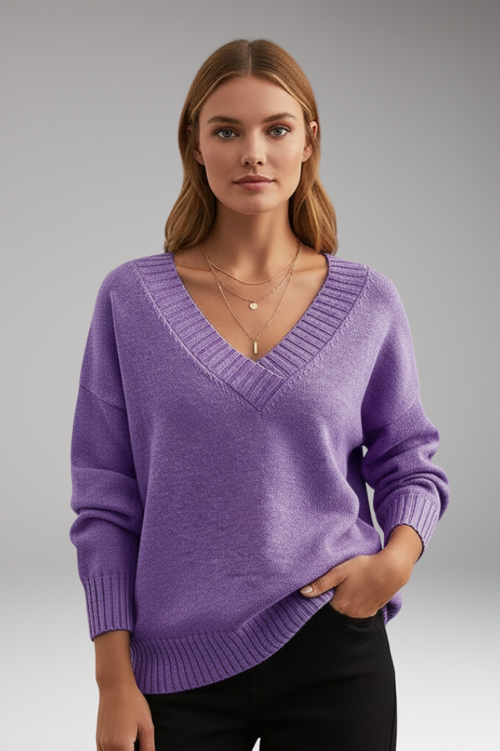 Women's V-Neck Knit Sweater Ribbed Trim