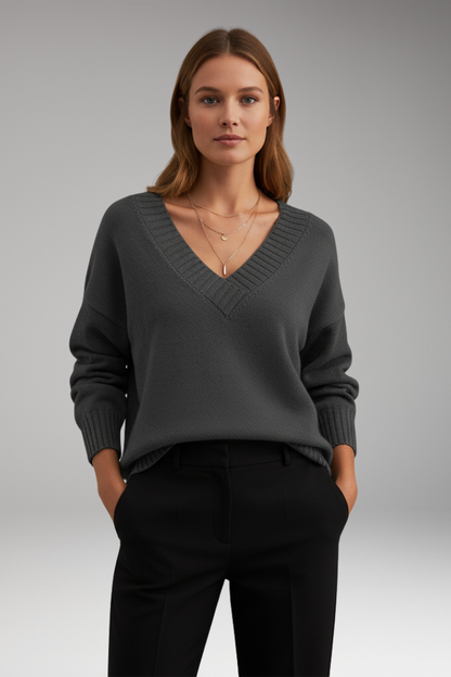 Women's V-Neck Knit Sweater Ribbed Trim