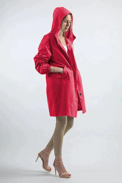 Women's Waterproof Hooded Jacket Button Closure