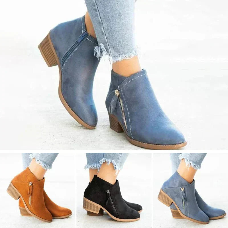Ladies Low Heel Ankle Boots with Side Zip