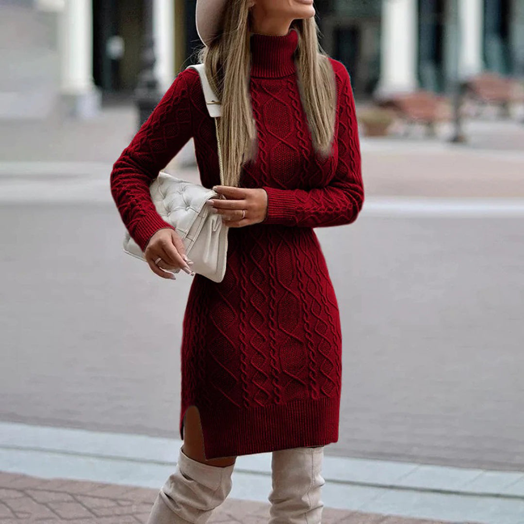 Warm Cable Knit Turtleneck Women's Dress - VibreMode
