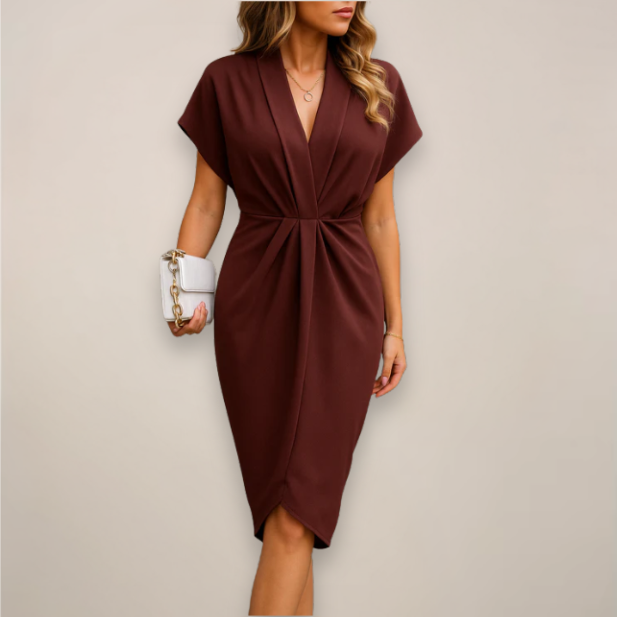Women's V-Neck Wrap Midi Dress Cap Sleeves