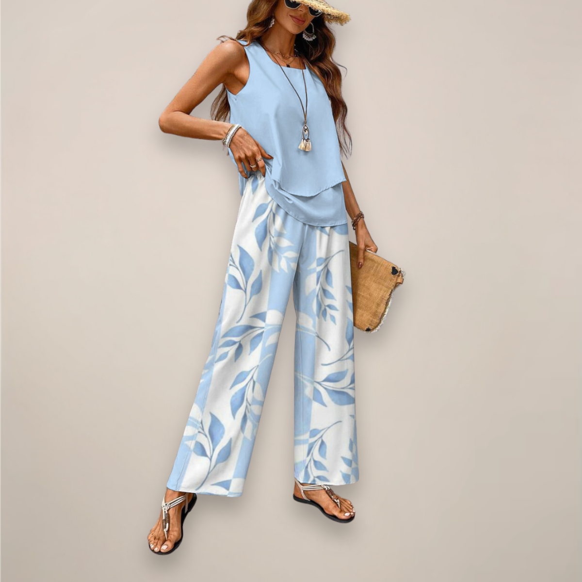 Floral Print Flowy Wide Leg Pants Set
