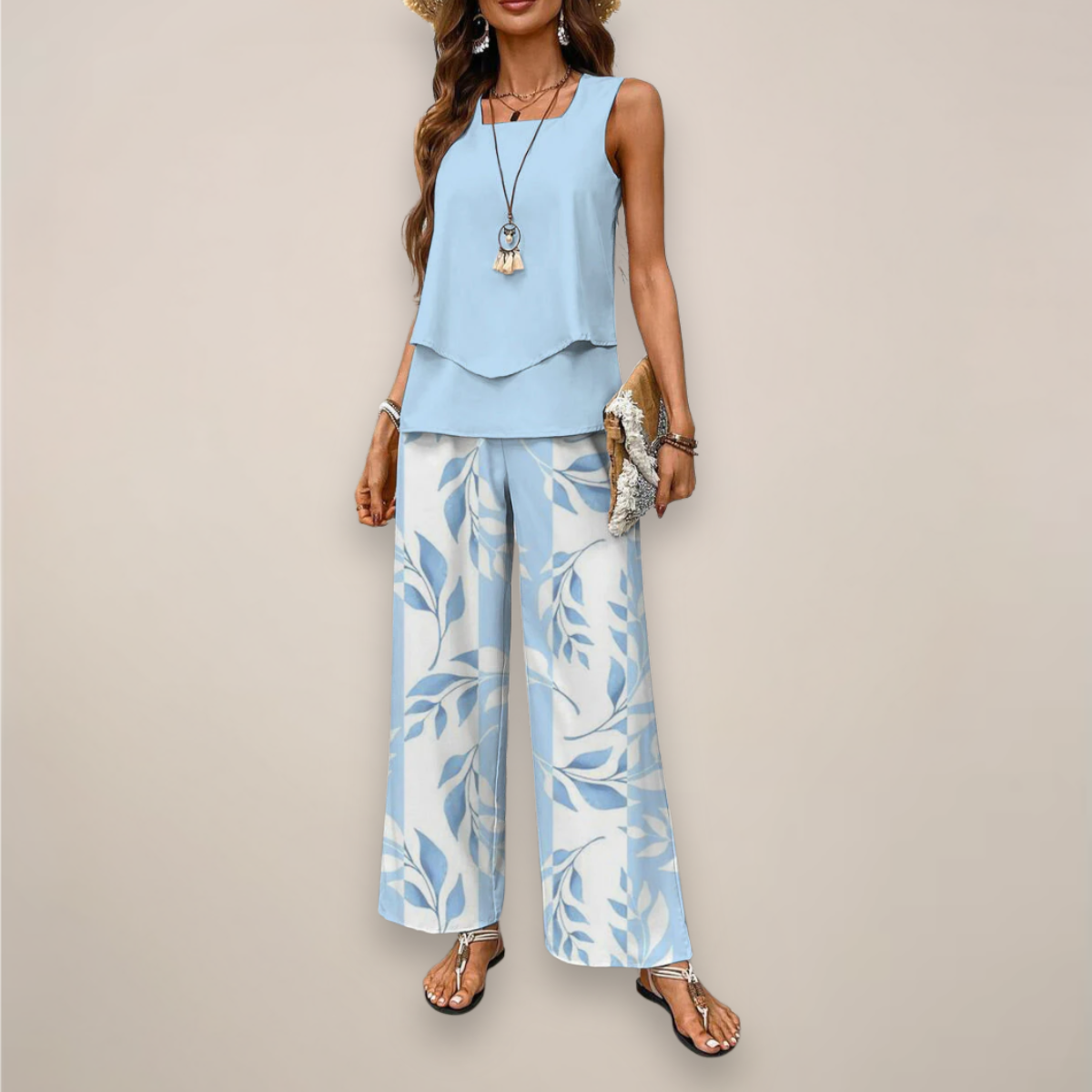 Floral Print Flowy Wide Leg Pants Set - VibreMode