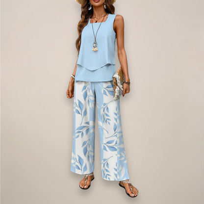 Floral Print Flowy Wide Leg Pants Set - VibreMode