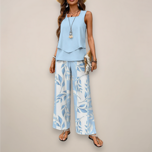 Floral Print Flowy Wide Leg Pants Set - VibreMode