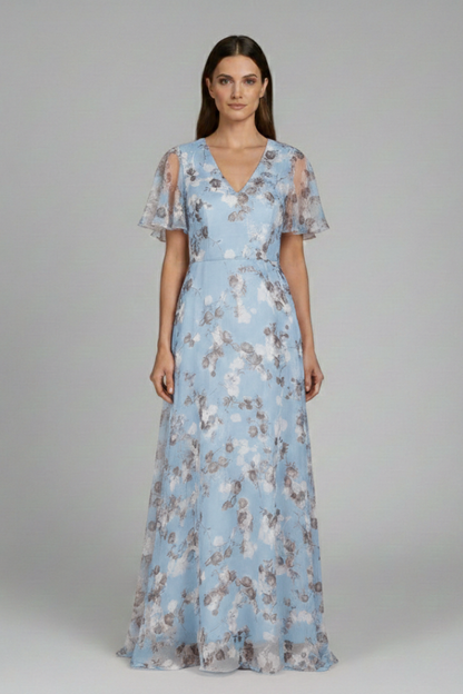 Women's Floral Maxi Dress V-Neck Ruffle Sleeves