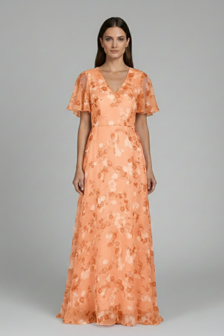 Women's Floral Maxi Dress V-Neck Ruffle Sleeves