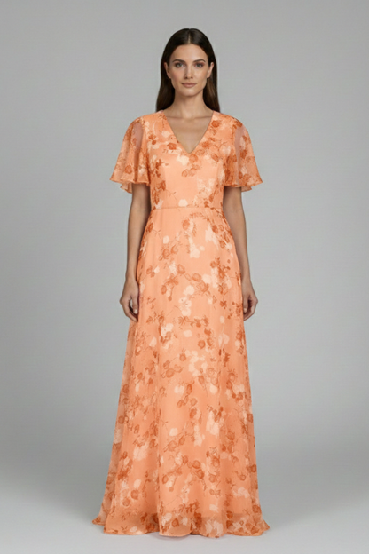 Women's Floral Maxi Dress V-Neck Ruffle Sleeves