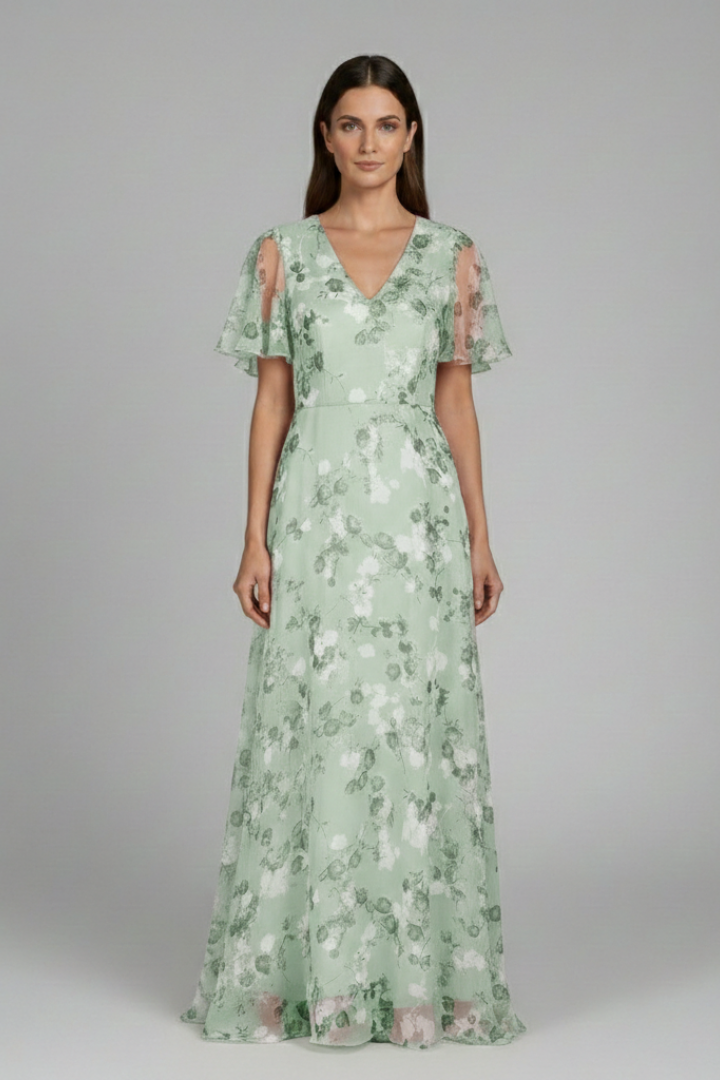 Women's Floral Maxi Dress V-Neck Ruffle Sleeves
