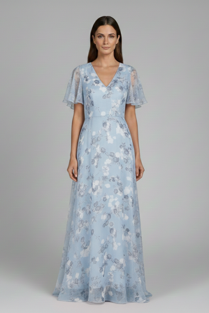 Women's Floral Maxi Dress V-Neck Ruffle Sleeves