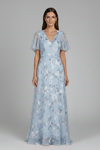 Women's Floral Maxi Dress V-Neck Ruffle Sleeves