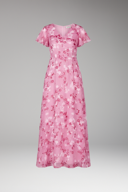 Women's Floral Maxi Dress V-Neck Ruffle Sleeves - VibreMode