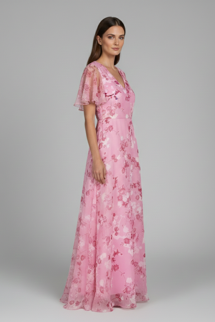 Women's Floral Maxi Dress V-Neck Ruffle Sleeves