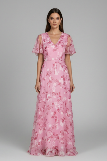 Women's Floral Maxi Dress V-Neck Ruffle Sleeves