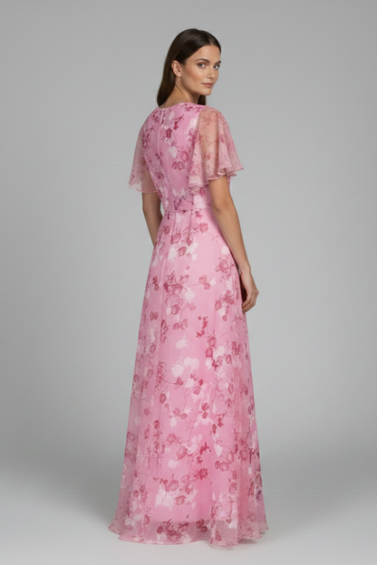 Women's Floral Maxi Dress V-Neck Ruffle Sleeves