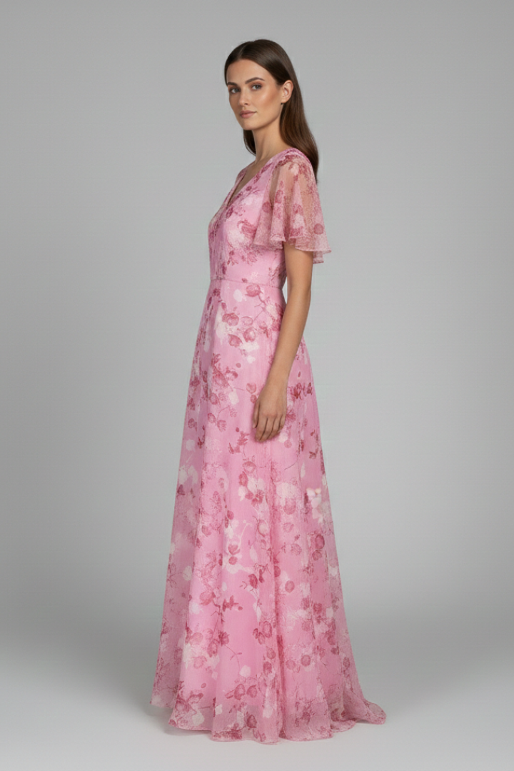 Women's Floral Maxi Dress V-Neck Ruffle Sleeves