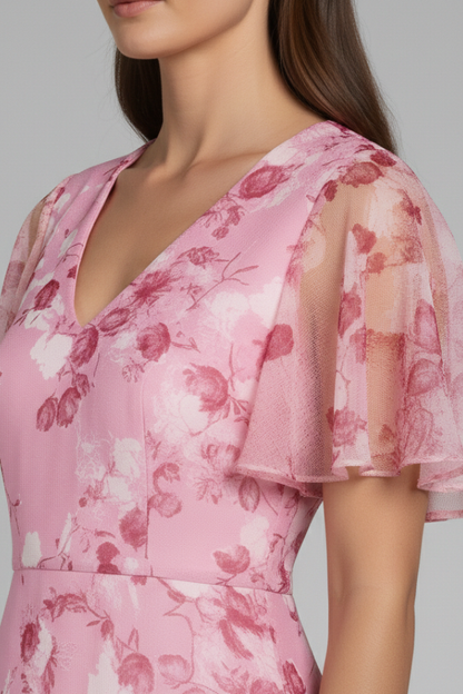 Women's Floral Maxi Dress V-Neck Ruffle Sleeves