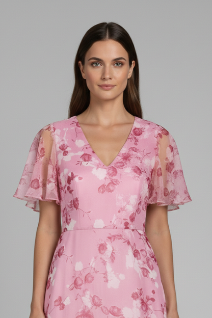Women's Floral Maxi Dress V-Neck Ruffle Sleeves