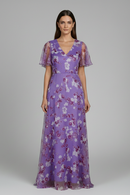 Women's Floral Maxi Dress V-Neck Ruffle Sleeves