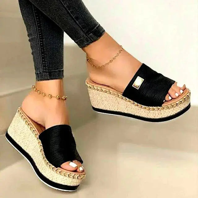 Women's Woven Jute Wedge Sandals Comfortable Slip-On - VibreMode