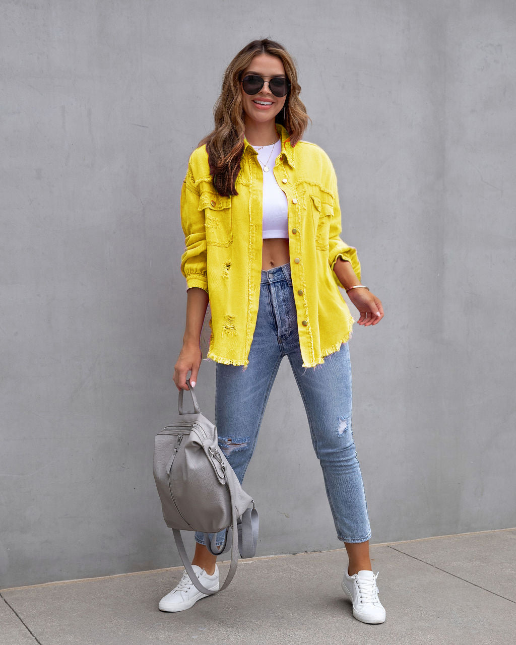 Women's Distressed Denim Jacket Casual Blue