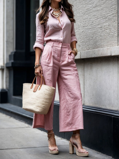 Women's Two Piece Pants Set Button Wide Leg - VibreMode