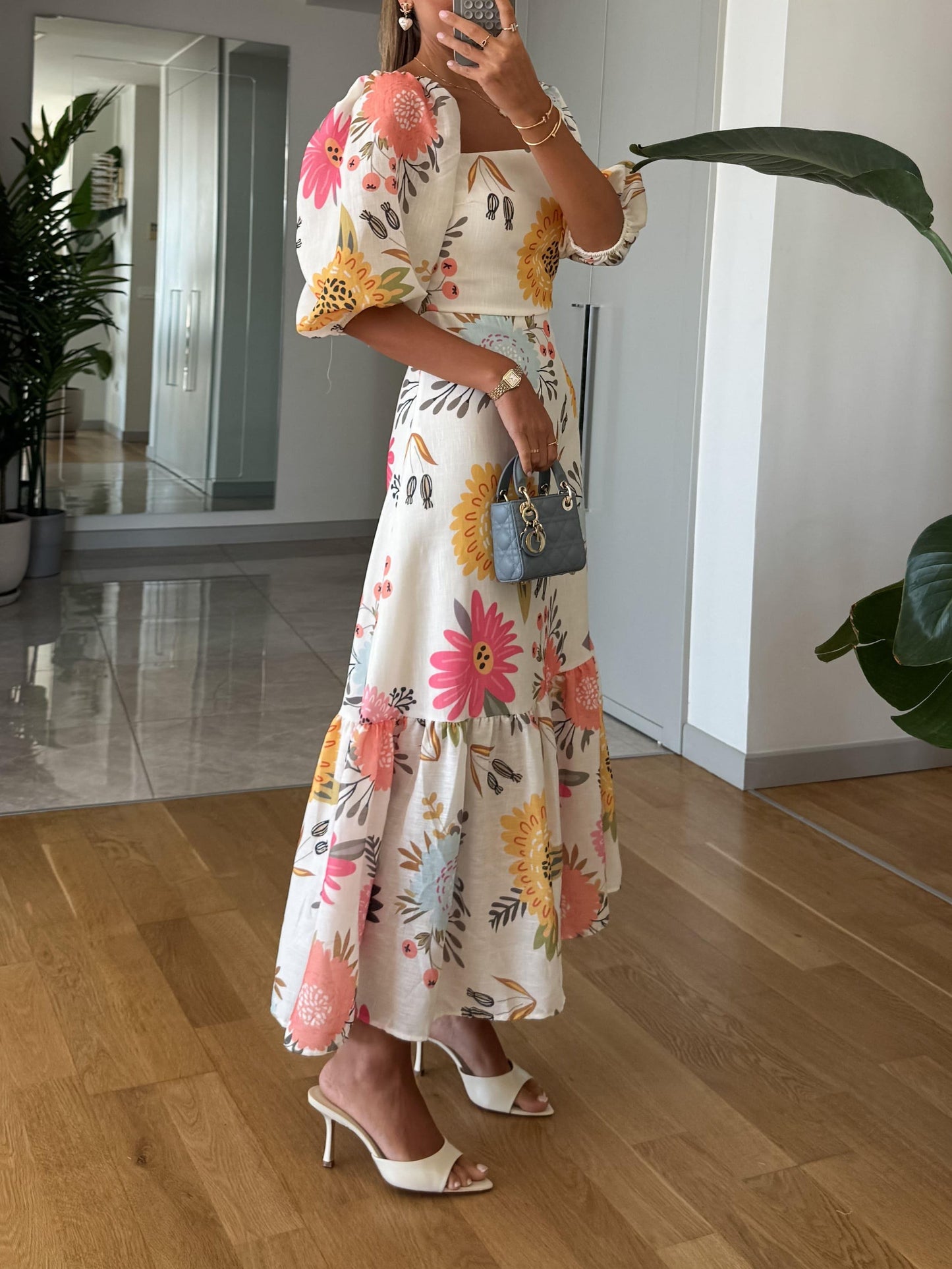 Women's Floral Midi Dress Puff Sleeve Square Neck
