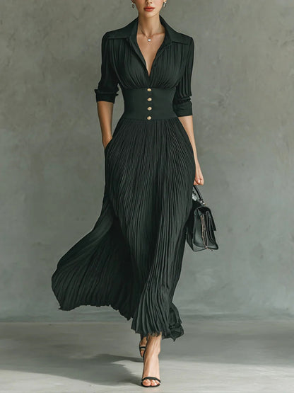Women's Fitted Maxi Dress Pleated Skirt Ruched Bodice - VibreMode