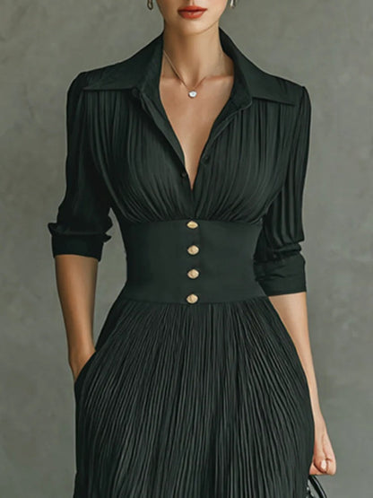 Women's Pleated Maxi Dress Belted Waist