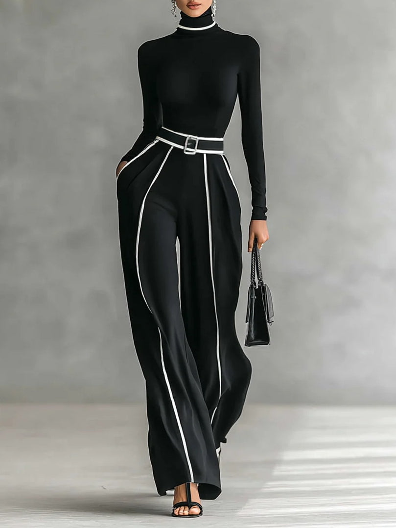 Elegant High Neck Jumpsuit with Wide Leg Pants - VibreMode