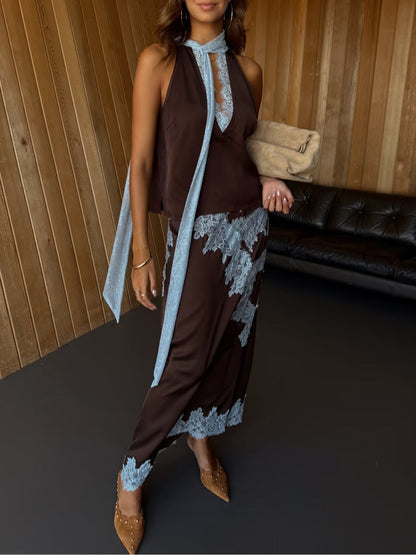 Women's Lace Panel And Skirt Set Brown Blue