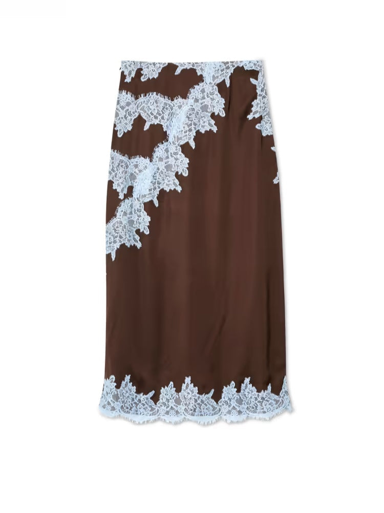Women's Lace Panel And Skirt Set Brown Blue