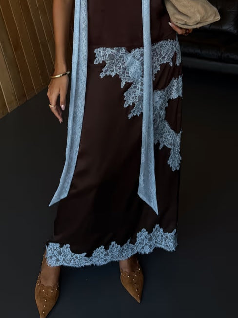 Women's Lace Panel And Skirt Set Brown Blue