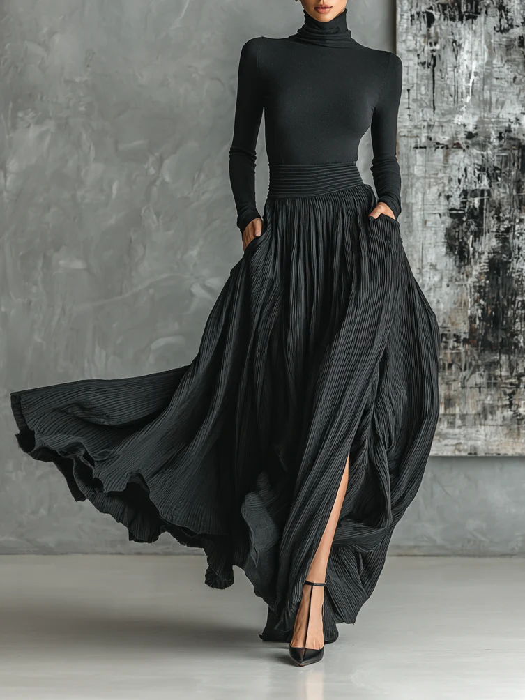 Slim Fit Turtleneck Tee Pleated Mini Skirt Set - VibreMode
