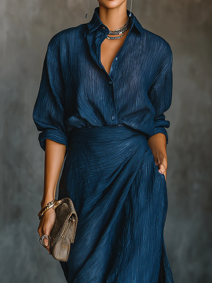 Women's Dark Blue Shirt And Skirt Set