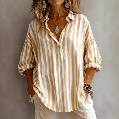 Women's Relaxed Fit Striped V-Neck Blouse 3/4 Sleeves