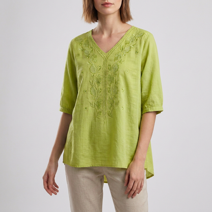 Women's Relaxed Fit V-Neck Blouse Embroidered Floral White