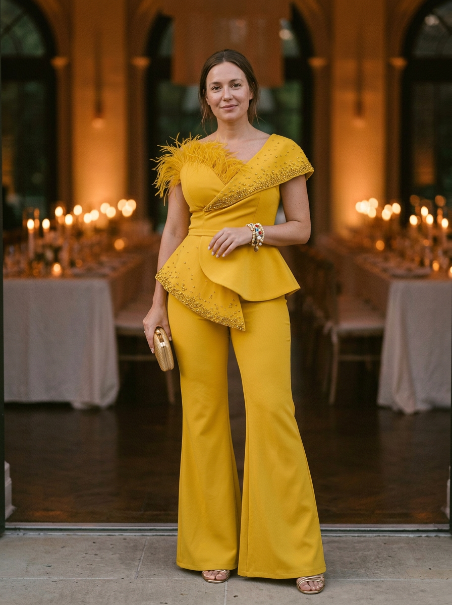 Women's Strapless Jumpsuit Peplum Waist Feather Detail