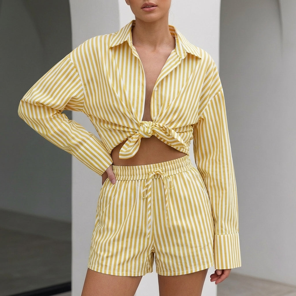 Women's Collared Shirt And Wide Leg Shorts Set