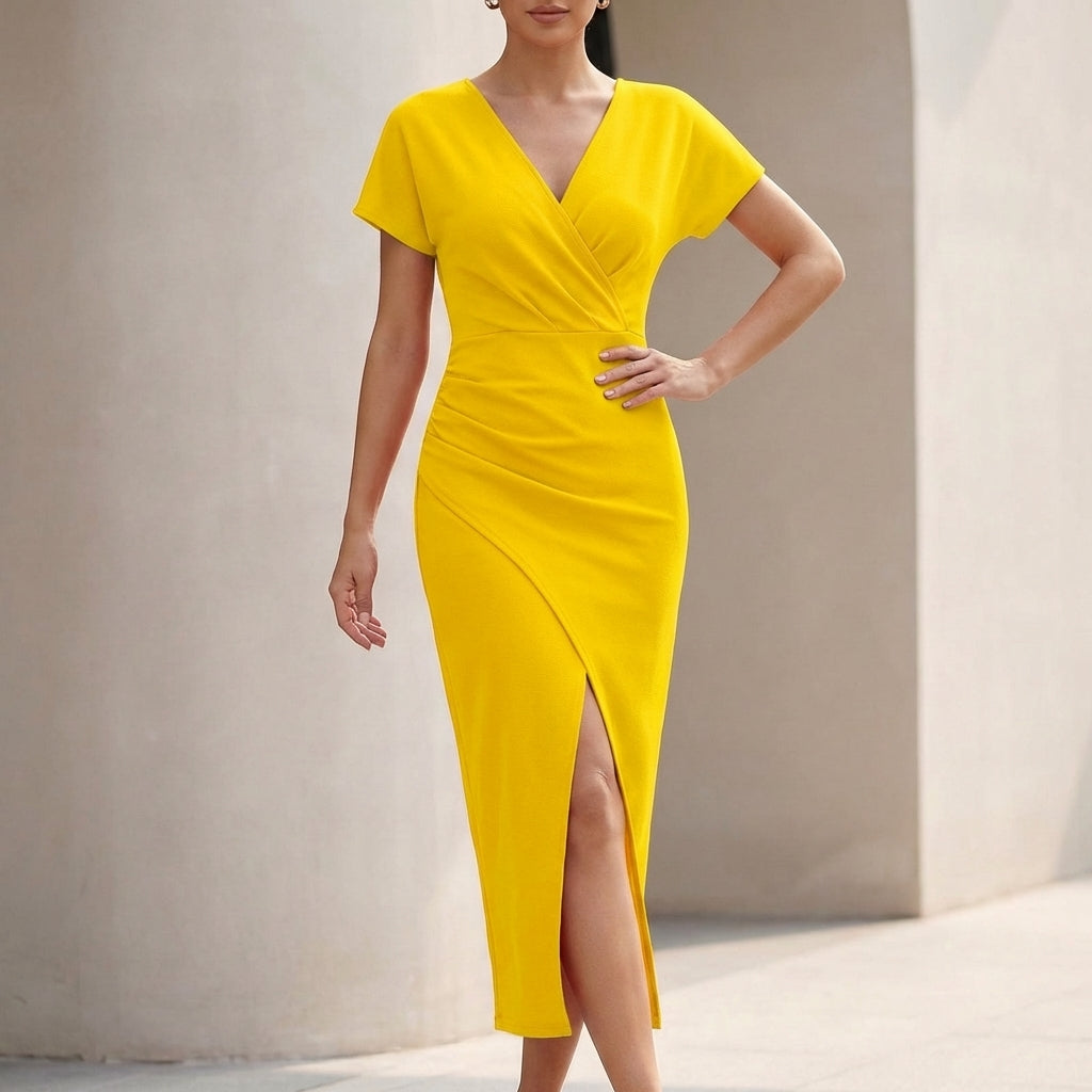 Women's Wrap Midi Dress Ruched Waist V-Neck