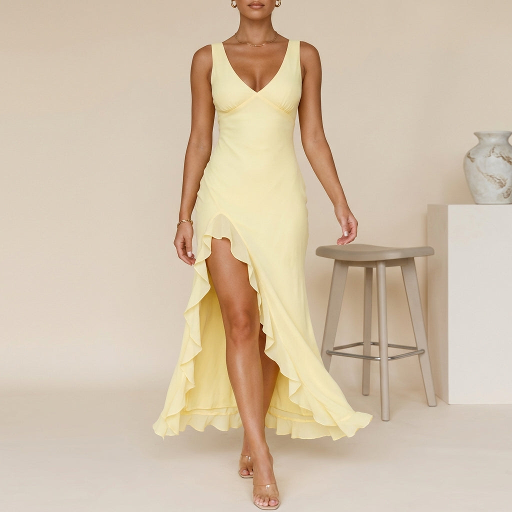 Women's Chiffon Maxi Dress Ruched Bodice Ruffled Slit - VibreMode