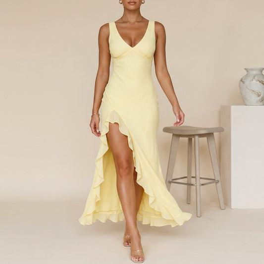 Women's Chiffon Maxi Dress Ruched Bodice Ruffled Slit - VibreMode