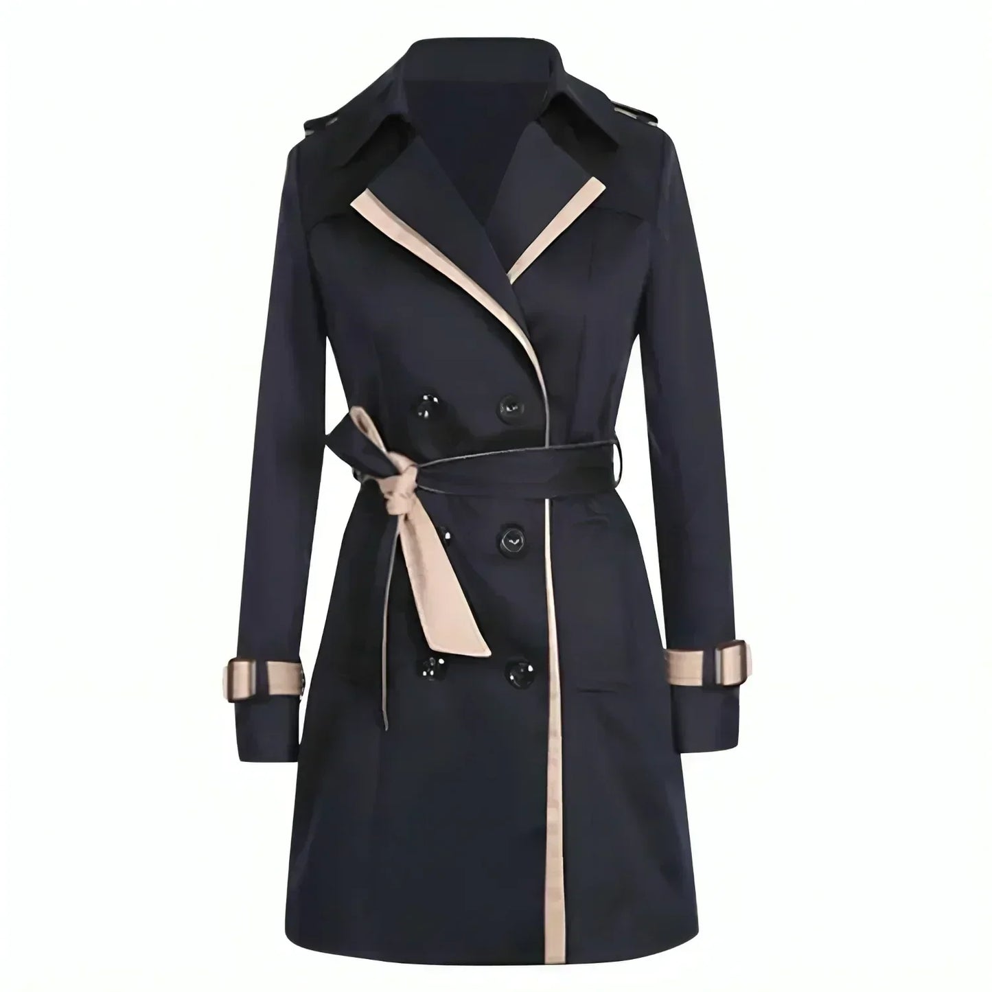 Women's Double Breasted Trench Coat Belted Contrast Trim