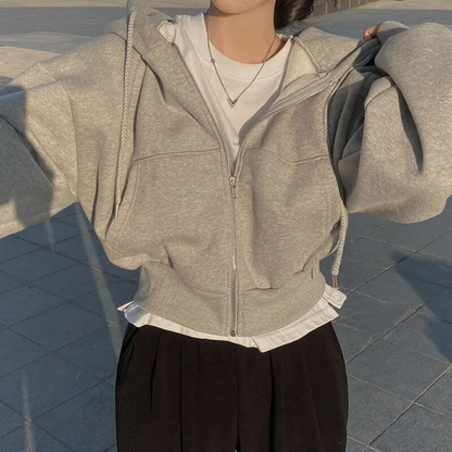 Women's Cropped Hoodie Zip-Up Cotton Comfortable Black - VibreMode