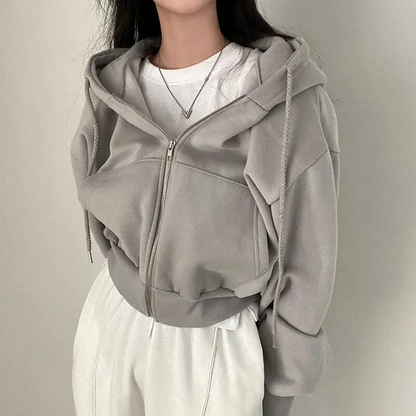 Women's Cropped Hoodie Zip-Up Cotton Comfortable Black