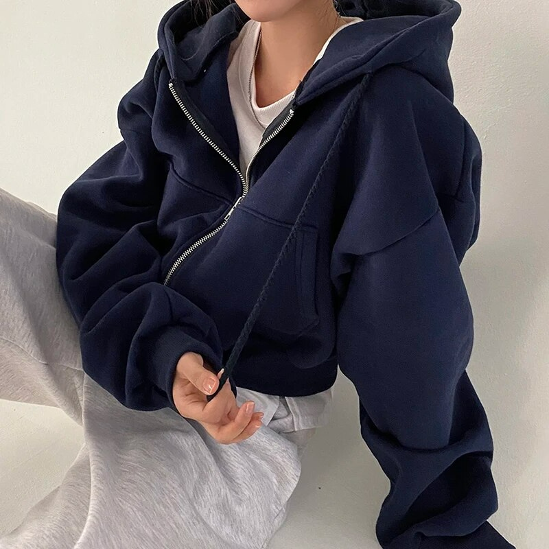 Women's Cropped Hoodie Zip-Up Cotton Comfortable Black