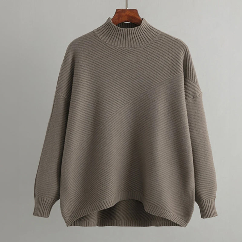 Women's Oversized Mock Neck Sweater Ribbed Knit Beige - VibreMode