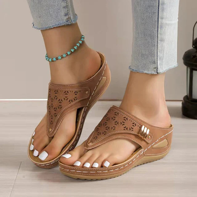 Laser Cut Arch Support Thong Wedge Sandals