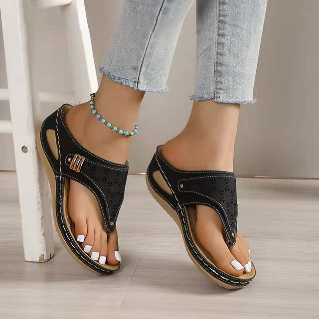 Laser Cut Arch Support Thong Wedge Sandals - VibreMode
